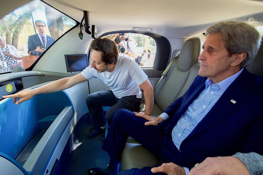 Google Co-Founder Brin Shows Secretary Kerry the Sensors Inside a Self-Driving Car at the 2016 Global Entrepreneurship's Innovation Marketplace at Stanford University (27786623161)