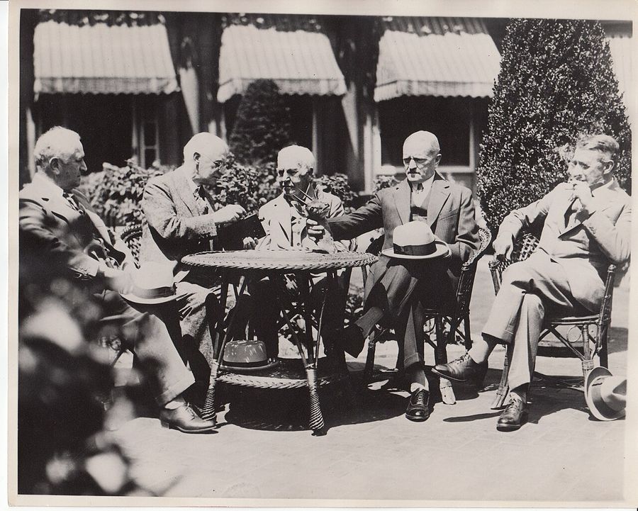 Adolf S. Ochs, George Eastman, Thomas Edison, General Pershing, and Sir James Irvine at the introduction of Kodacolor film at Eastman's home.