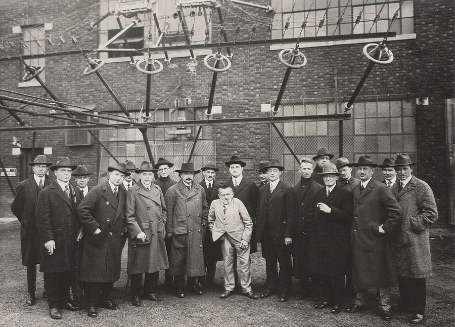 Albert Einstein with engineers and scientists - RCA radio station - Hagley Archives - restoration1