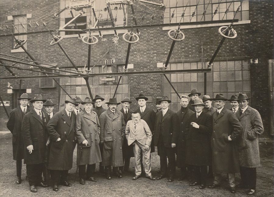 Albert Einstein with engineers and scientists - RCA radio station - Hagley Archives