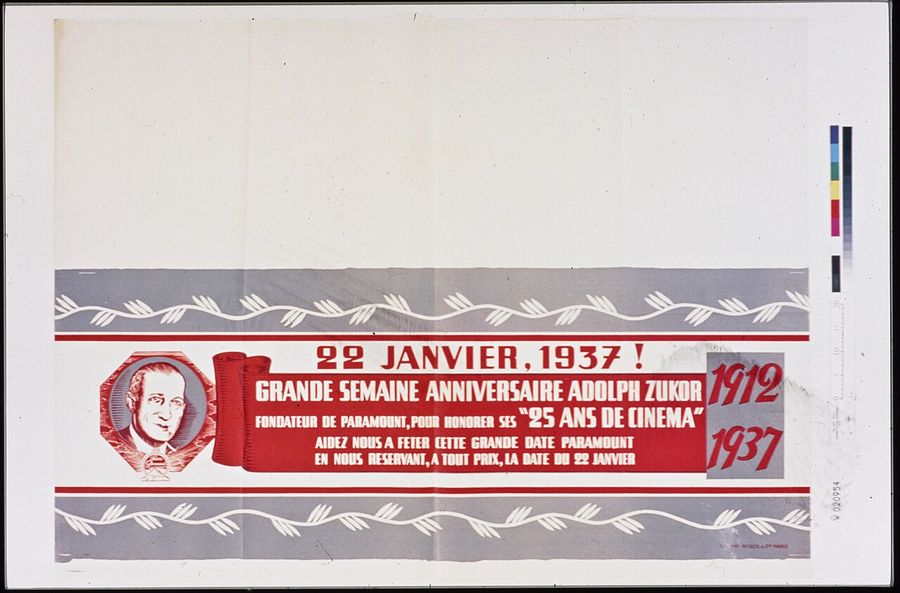 22 janvier 1937 Grande semaine anniversaire Adolph Zukor, fondateur de Paramount, pour honorer ses 25 ans de cinéma. 1912-1937 affiche